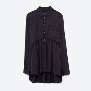 ZARA Premium Collection Denim Babydoll Shirt Blouse Top Blue Purple Gray S-M